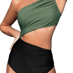 One Piece Swimsuit One Shoulder Color Block Side
